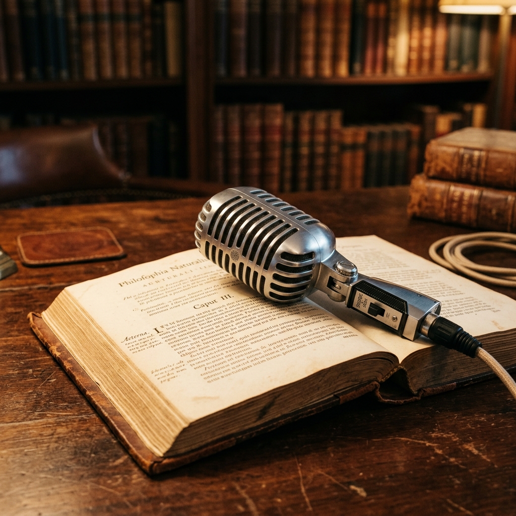 Vintage microphone on open book